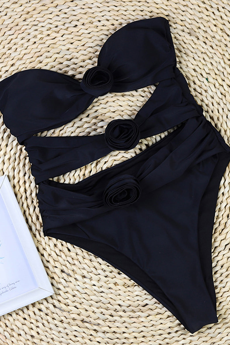 Dames Badpak | Bandeau met Bloemapplicaties, Hoog Uitgesneden 4