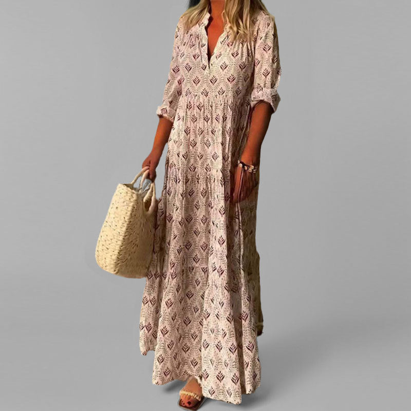 Dames Lange Jurk | Lichtgewicht Vintage Print met 3/4 Mouwen 0