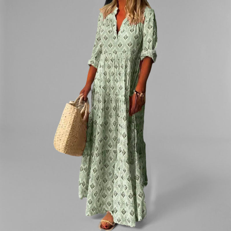 Dames Lange Jurk | Lichtgewicht Vintage Print met 3/4 Mouwen 1
