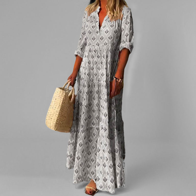 Dames Lange Jurk | Lichtgewicht Vintage Print met 3/4 Mouwen 2