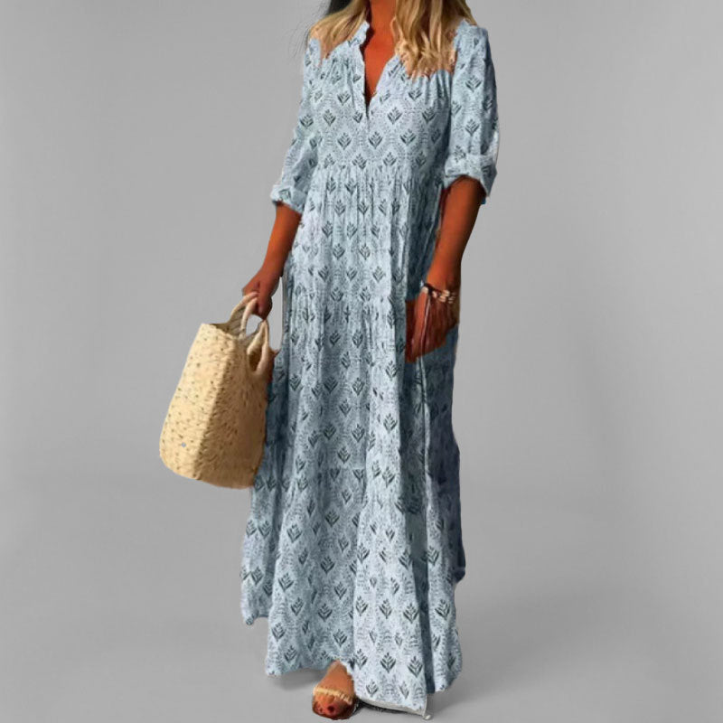 Dames Lange Jurk | Lichtgewicht Vintage Print met 3/4 Mouwen 3