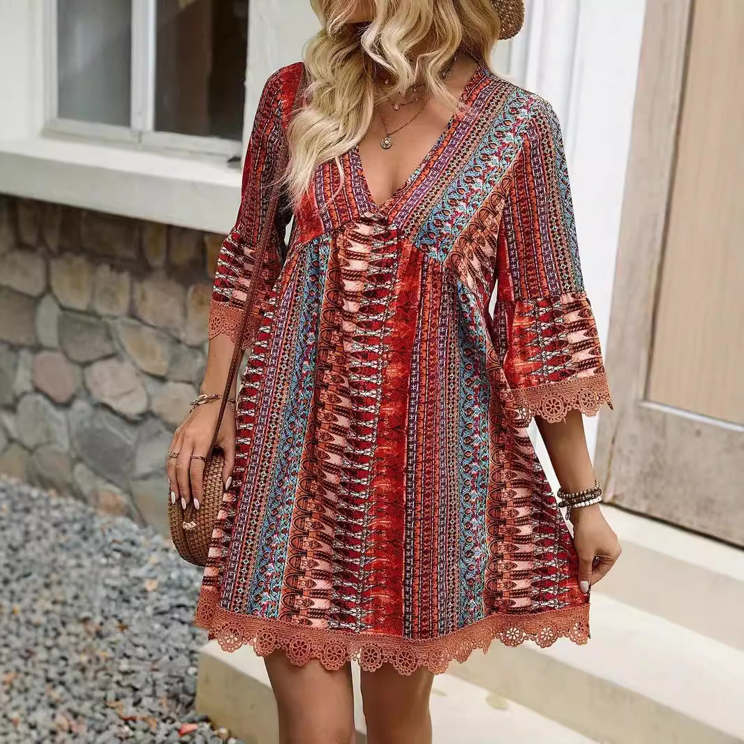 Lange Dames Jurk | Boho Print met Kanten Afwerking, V-Hals, 3/4 Mouwen 1