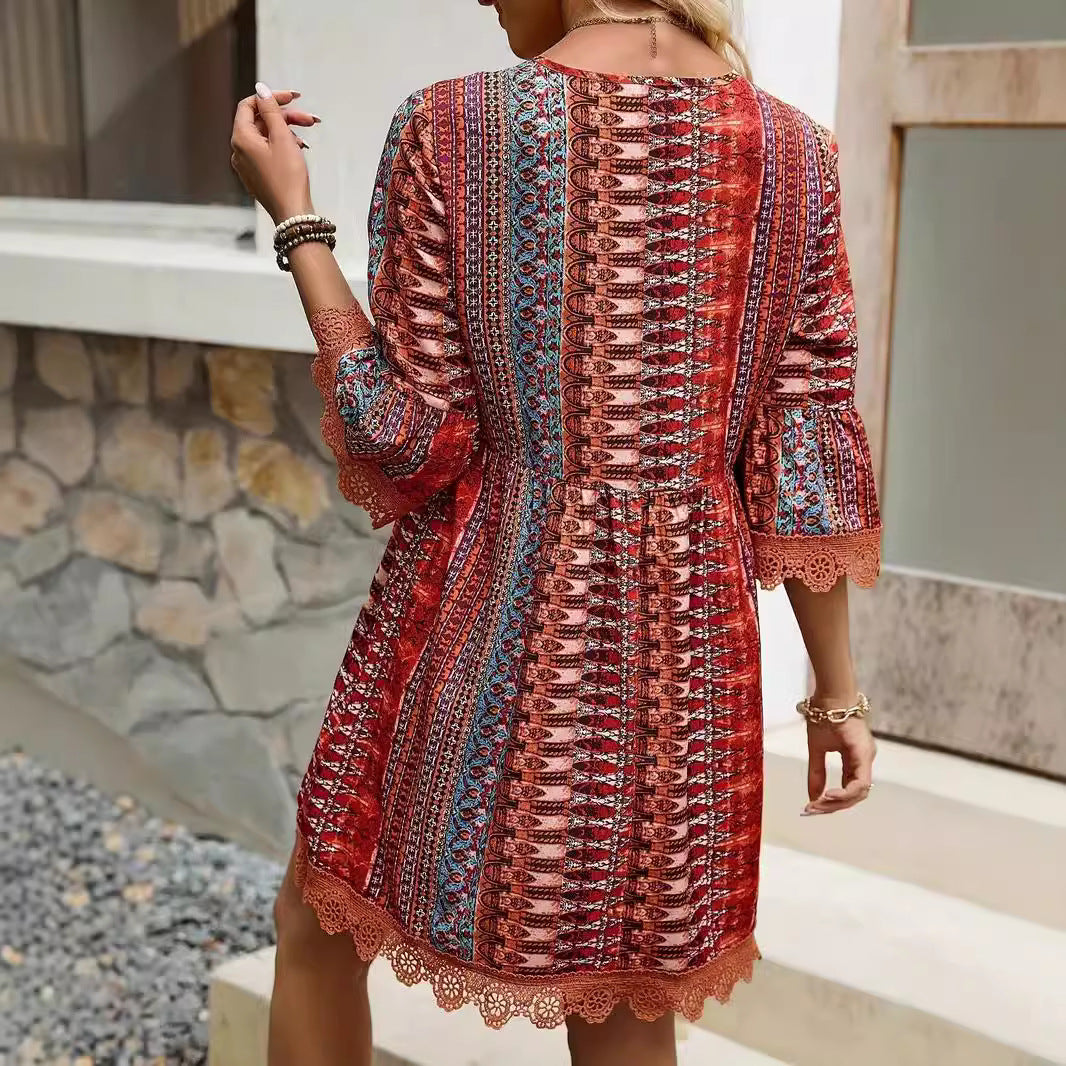 Lange Dames Jurk | Boho Print met Kanten Afwerking, V-Hals, 3/4 Mouwen 2