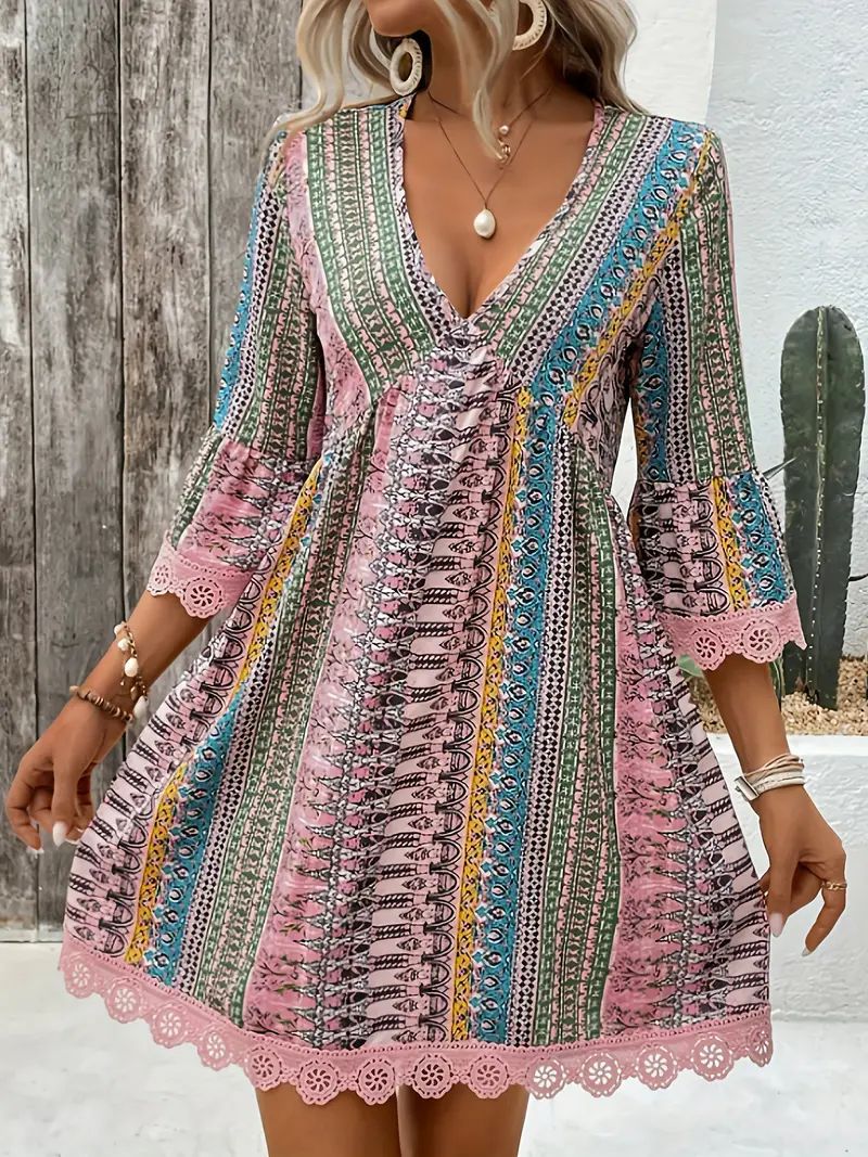Lange Dames Jurk | Boho Print met Kanten Afwerking, V-Hals, 3/4 Mouwen 5