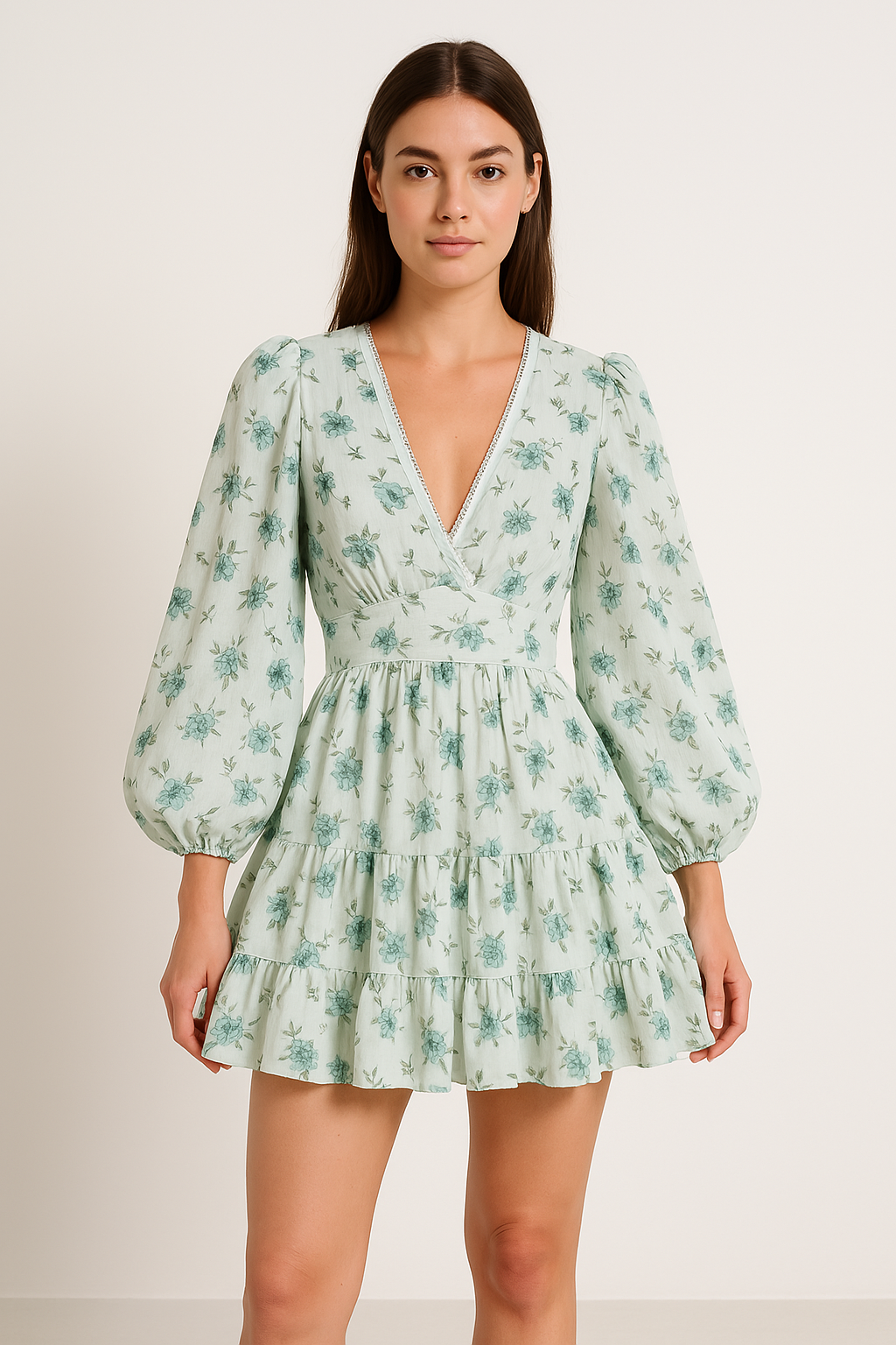 Vrouwen A-Lijn Jurk | Katoenmix, V-Hals met Kantafwerking, Bloemenprint 1