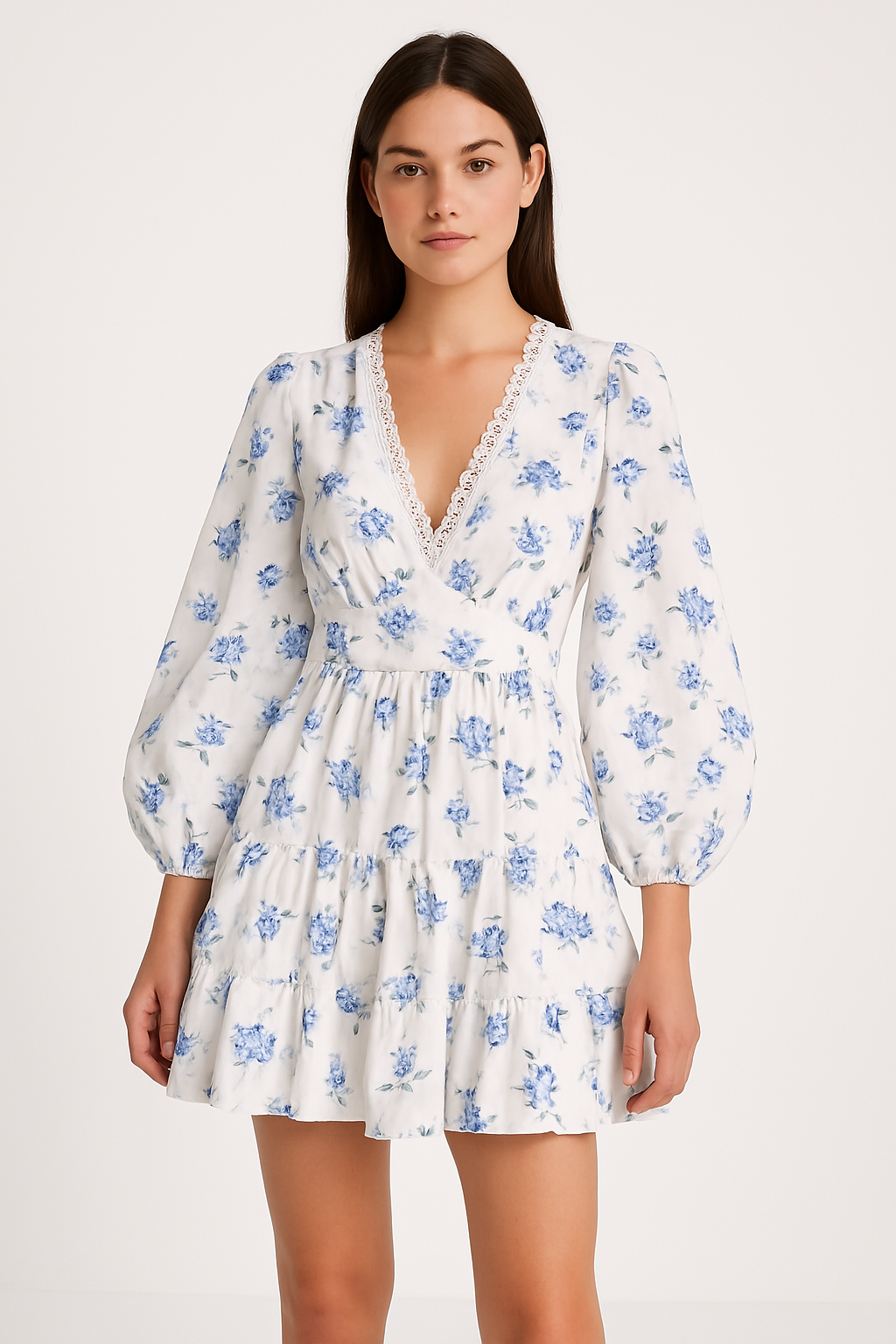 Vrouwen A-Lijn Jurk | Katoenmix, V-Hals met Kantafwerking, Bloemenprint 2