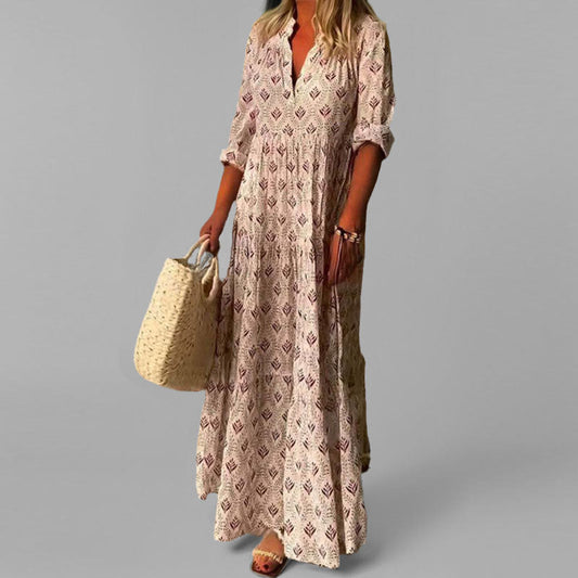 Dames Lange Jurk | Lichtgewicht Vintage Print met 3/4 Mouwen 0