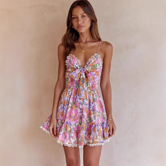 Vrouwen A-Lijn Mini Jurk | Katoenmix, Bloemenprint, Spaghetti Bandjes 0